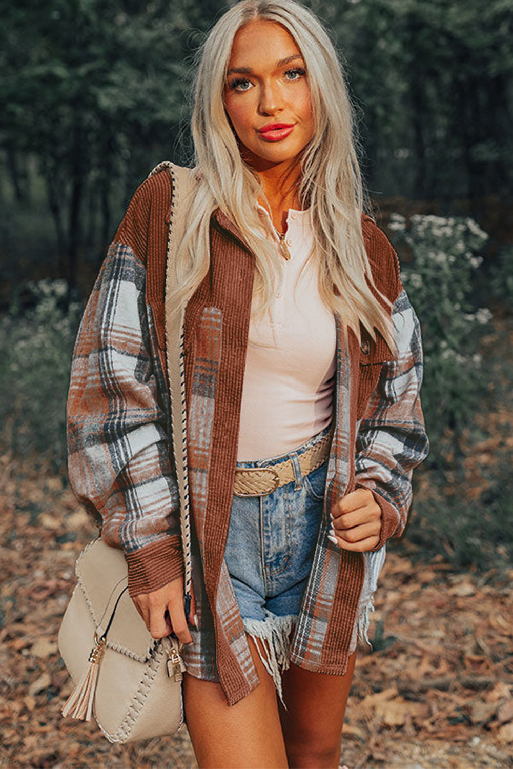 Cinnamon Plaid Corduroy Patchwork Shacket With Pockets