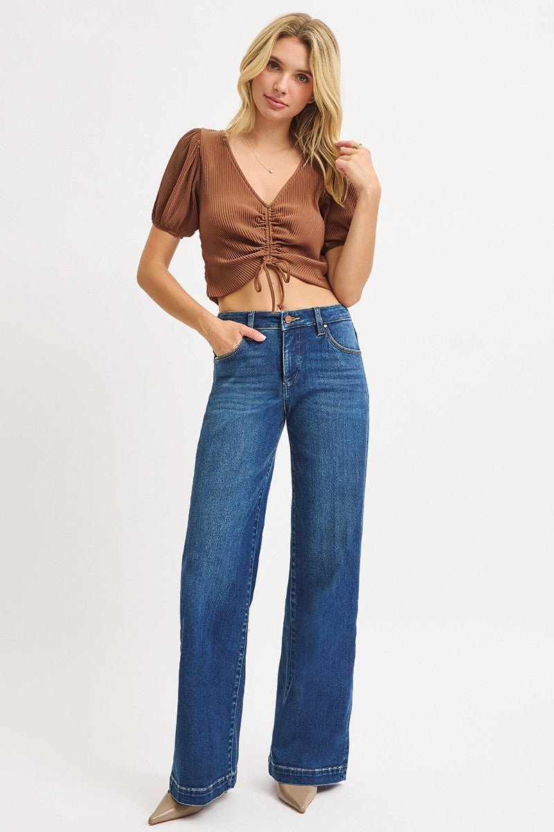 Risen Mid Rise Wide Iron Press Line Detail Jeans
